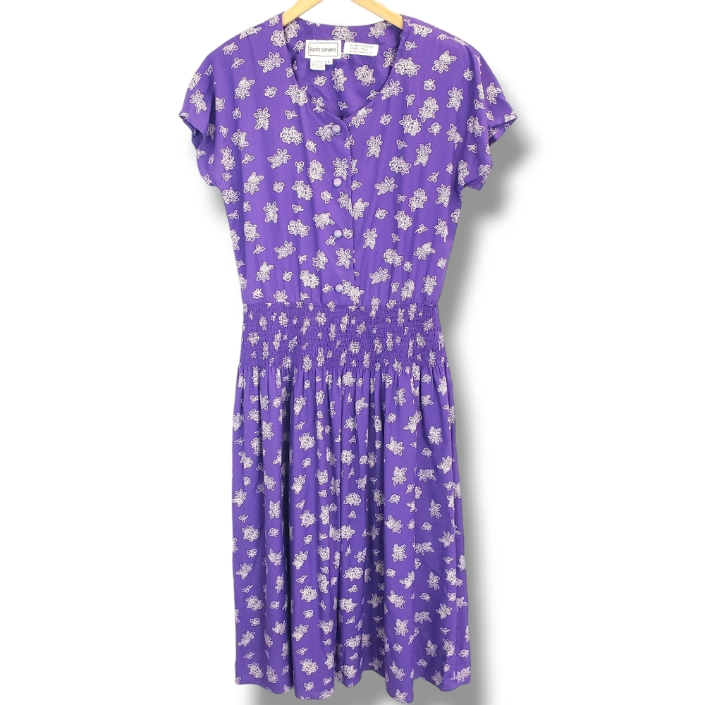Vintage Karen Stevens Purple and White Floral Patterned Maxi Dress Size 10